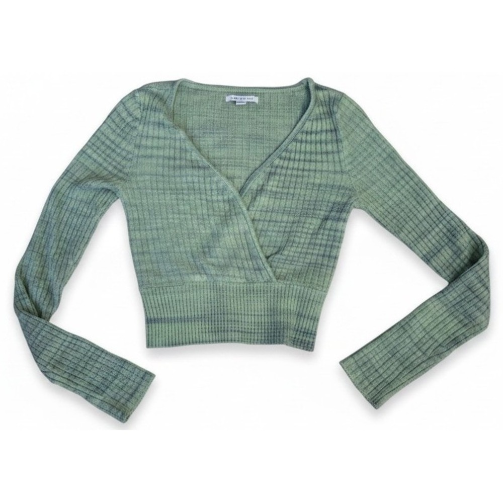 American Eagle Womens Small Green Cropped V Neck Sweater Long Sleeve Ribbed Knit
